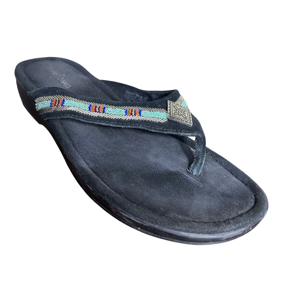 Minnetonka Sandals 11 Womens Black Leather Beaded Wedge‎ Thong Flip Flops